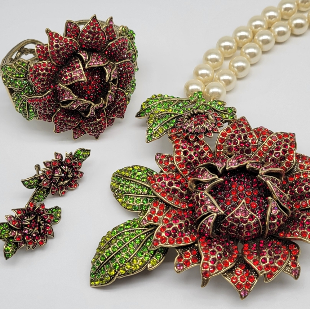 Heidi Daus Garnet Swarovski Crystal and Ivory Pearl Massive Flower Statement Set